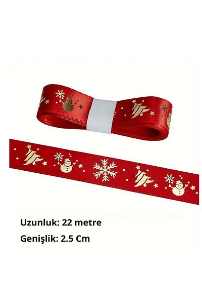 roco paper New Year's Patterned Satin Ribbon - Red, 2.5 Cm, 22 Meter Gift Package