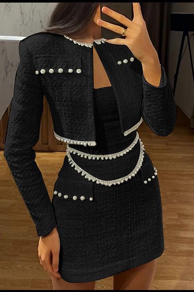 Neşeli Butik Pearl Embroidered Women's Crop Jacket and Dress Set - Nbemp2278