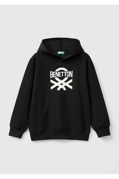 United Colors of Benetton Черен суичър с качулка за момче - щамповано и рипсено лого отпред
