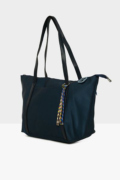 Bagmori Navy Blue Women's Colorful Tassel Detailed Satin Tote Bag m 000008174