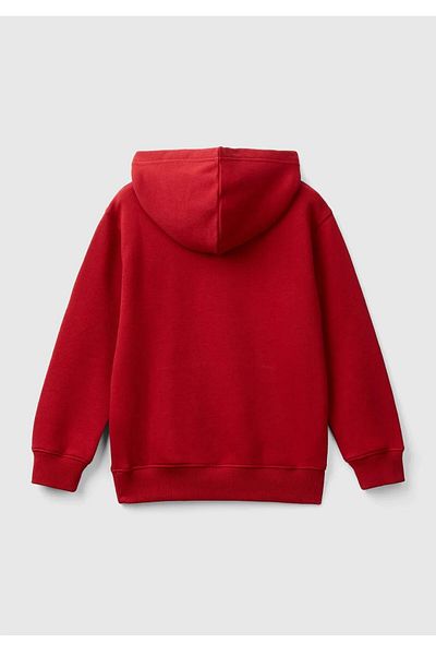 United Colors of Benetton Erkek Çocuk Kırmızı Önü Logo Baskılı Ribanalı Kapüşonlu Sweatshirt