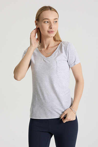 Perché Women's Regular Fit Sleeve Folded V Neck Pocket T-Shirt