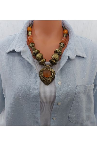 Virgo Red Agate Stone, Solid Brass Alloy Vintage Necklace