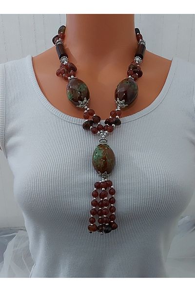Virgo Ceramic Handmade Vintage Necklace with Red Agate Stone, Metal Attachment