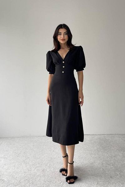 misigo Schwarzes Midikleid für Damen – V-Ausschnitt, Ballonärmel und Knopfdetail