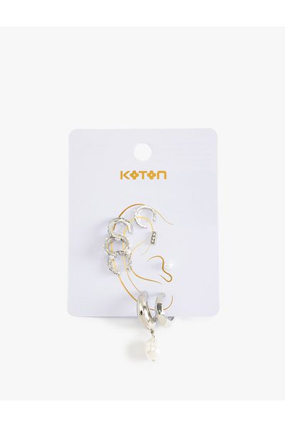 Koton Pearl and Stone Detailed Hoop and Cartilage Earring Set