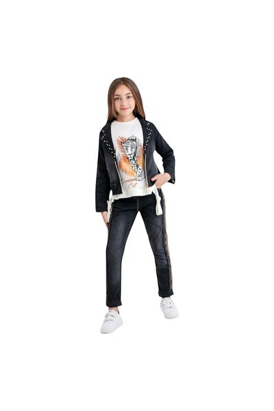 Hafez Kids Eid 3 Piece Girls Suit with Stone Jacket, Zippered Lion Printed Blouse and Stripe Pants