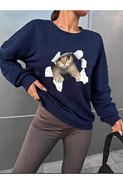 MODA ŞEHRİ Women's Long Sleeve Crew Neck Cat Print Viscose Two Thread Blouse