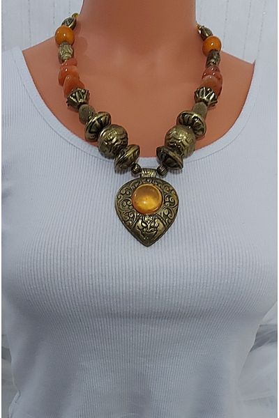 Virgo Red Agate Stone, Solid Brass Alloy Vintage Necklace