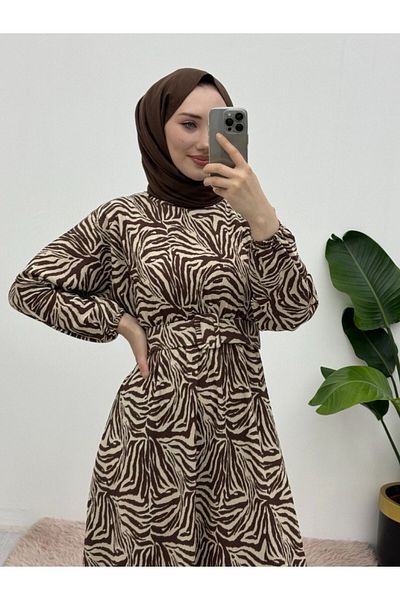 Modamorfo Gemustertes Kleid mit Gürtel und elastischem Bund – braun