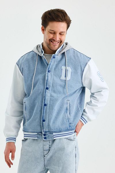 DAMGA JEANS Мъжко зимно колежанско палто от овча кожа с качулка в ледено синьо деним
