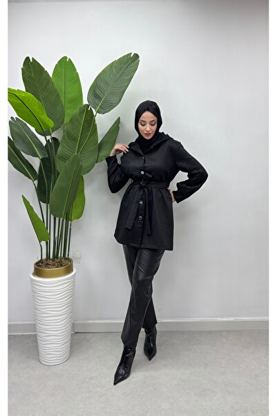 Tesettür Diyarı Чорний жіночий кардиган з капюшоном і рукавами-ліхтариками