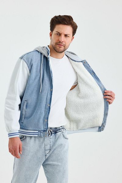 DAMGA JEANS Мъжко зимно колежанско палто от овча кожа с качулка в ледено синьо деним