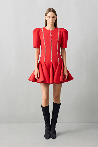 Jus De Pommes KIRMIZI TAŞ İŞLEMELİ VOLANLI MİNİ ELBİSE