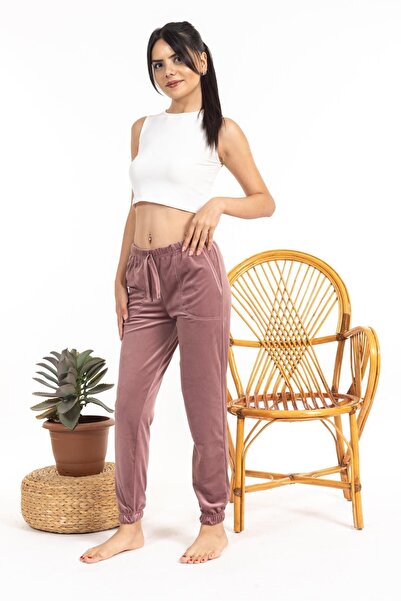 Estiva French Velvet Soft Ankle Cuffed/Elastic Pocket Pajamas Joger Single Bottom Powder