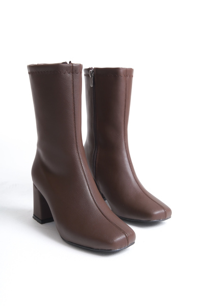 MODA MHS Kadın Kahverengi Küt Burun Topuklu Bot Kadın Küt Burun Bot Kadın Günlük Bot Topuklu Bot