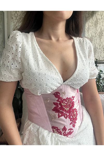 MARSTR Floral Pink Satin Lolita Waist Corset (All Sizes Made to Order, No Returns for This Reason)
