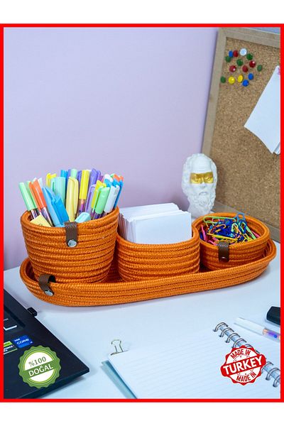 OneSize Orange Natural Jute Rope - Study and Office Desk, 4-Piece Pen Holder Set