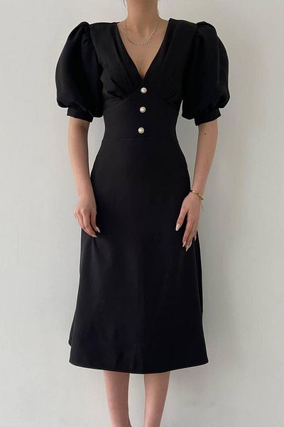 misigo Schwarzes Midikleid für Damen – V-Ausschnitt, Ballonärmel und Knopfdetail