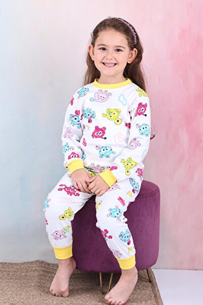 Mutlu City Kız Çocuk %100 Pamuk Pijama Takımı 1810-Sarı