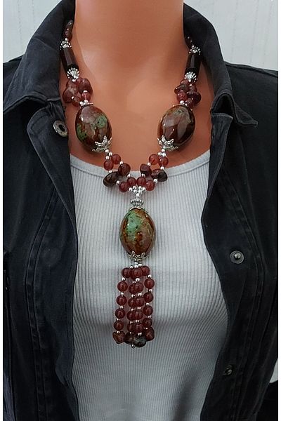 Virgo Ceramic Handmade Vintage Necklace with Red Agate Stone, Metal Attachment