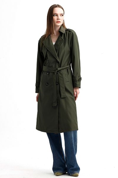 MD trend Women's Belted Neck and Sleeves Detailed Lined Double Breasted Trench Coat
