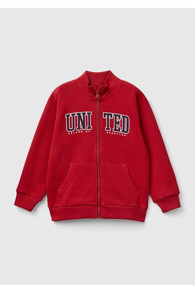 United Colors of Benetton Boy's Red Logo Printed Pocket Zippered Hooded Stand Collar Sweats
