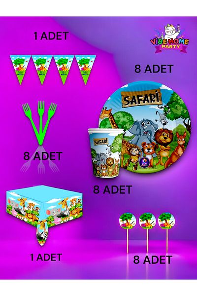 VibeHome Safari Themed Premium Set for 8 - Birthday Party and Fun Events