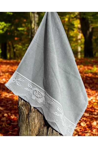 Çeyiz Bahçesi Gray Velvet Towel - Dowry Garden Lace
