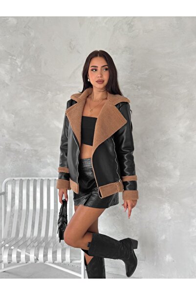 Elaxi معطف جلد صناعي فروي