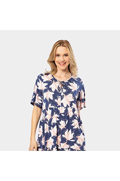 TÜREN Leaf Patterned Short Sleeve Dress 3354/Navy Blue