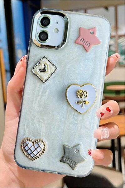 3GEN CASE غطاء صلب متوافق مع هاتف iPhone 11 ثلاثي الأبعاد بشريط حجري على شكل فراشة وقلب مطرز