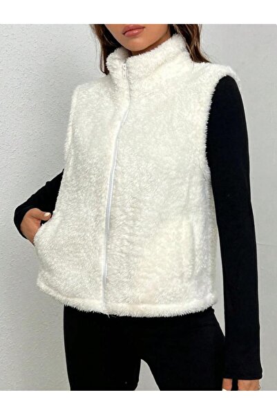 Pupa Fermuarlı Dik Yaka Peluş Yelek Hırka -Krem