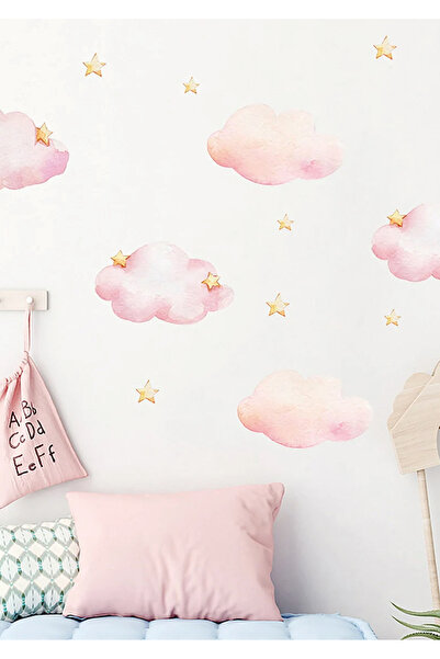 WALLHUMAN Pembe Yıldızlı Bulutlar Çocuk Odası Duvar Stickerı