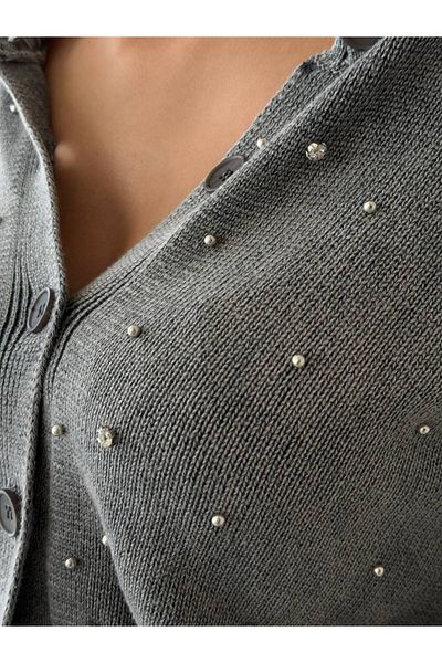 Luna Carina Women's Gray Stone Detailed Effect Washing Sweater Cardigan