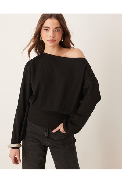 TwillCollection Black Long Sleeve Off Shoulder Women's Blouse