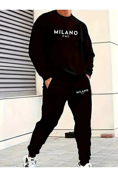 FULL TOLERANCE Мъжки памучен анцуг с щампа и кръгло деколте MILAN Italy, черен