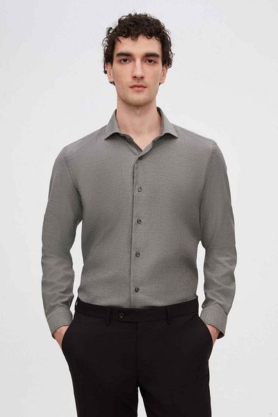 D'S Damat Slim Fit Anthracite Italian Neckline Dobby Long Sleeve Easy to Iron Breathable Four Seasons