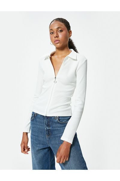Koton Ribbed Slim Fit Long Sleeve T-Shirt - Shirt Collar, Zipper Detail