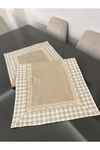Parla Life Μπεζ Χρώμα Gingham French Guipure Linen Runner (προσαρμοσμένο μέγεθος και χρώμα)