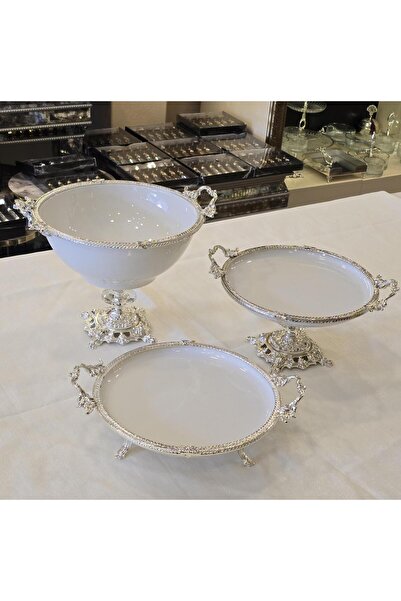 AlyaHomeAksesuar Metal Çerçeveli 3 Parça Porselen Sunum Seti Gümüş