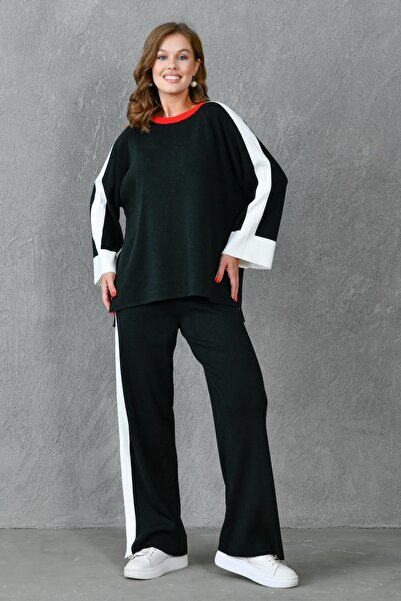 bayansepeti Flexible Striped Black Knitwear - Oversize Sweater and Pants Set 1030