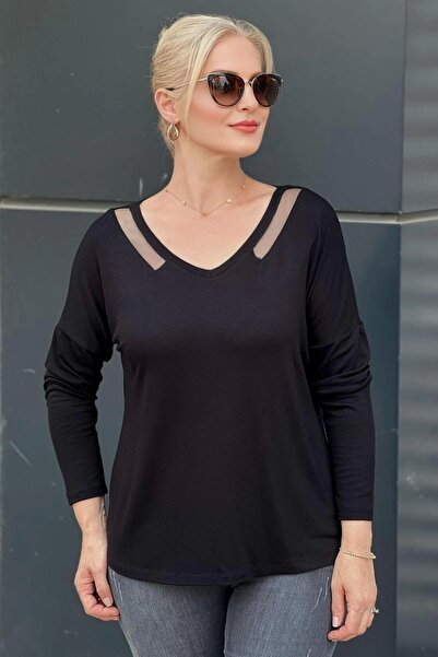 aytemas Μπλούζα με λεπτομέρεια από τούλι με λαιμόκοψη