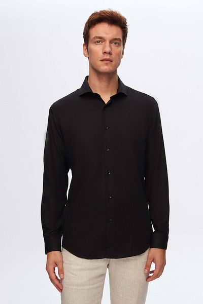 D'S Damat Schwarze Slim-Fit – italienischer Kragen, Dobby-Langarm, leicht zu bügeln, atmungsaktiv, Vier-Jahreszeiten-Kleid