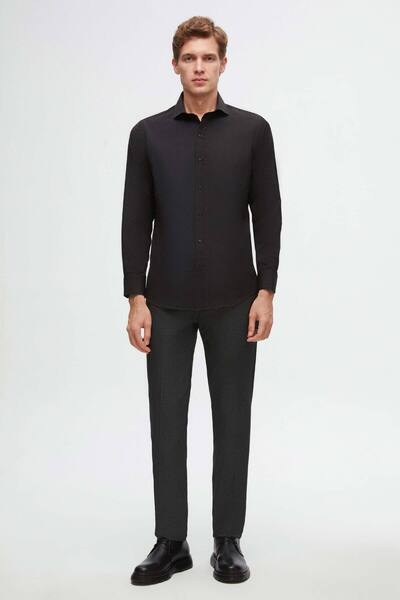 D'S Damat Ds Damat Slim Fit Siyah Klasik Kravatlık Uzun Kol Kolay Ütülenebilir Gömlek