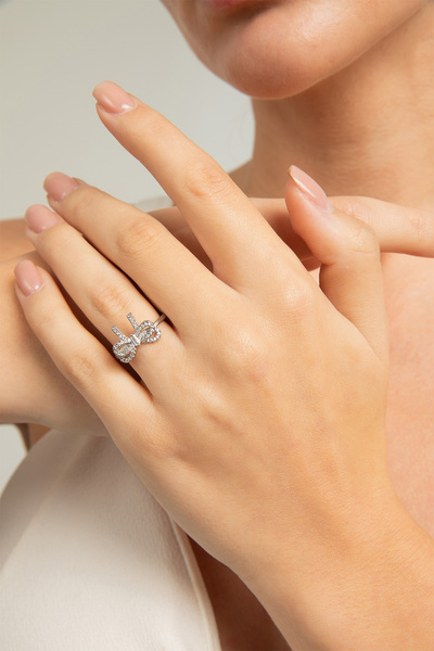 Lina Tia Kadın Çift Fiyonk Tasarım Model Minimalist Zirkon Taşlı Çelik Gümüş ...