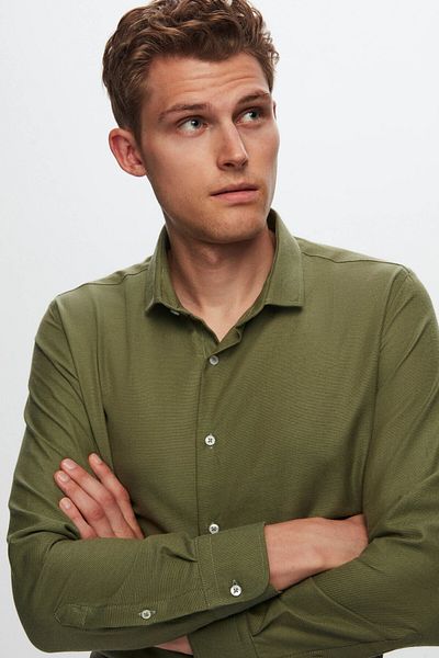 D'S Damat Slim Fit Khaki Dobby-Hemd aus Baumwolle mit halbem italienischem Kragen