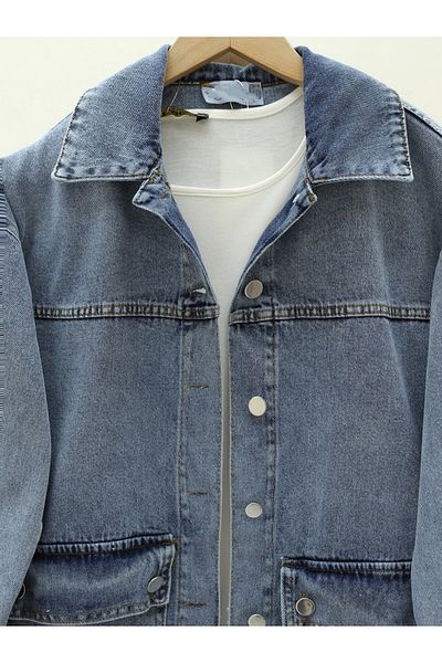 Modamorfo Jachetă cămașă din denim cu tăietură ovală cu buzunar pentru geantă - albastru gheață
