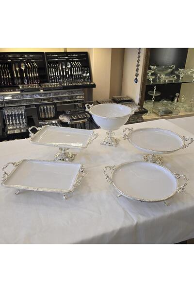 AlyaHomeAksesuar 5 Piece Porcelain Presentation Set with Silver Metal Frame