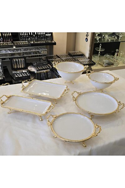 AlyaHomeAksesuar Metal Çerçeveli 6 Parça Porselen Sunum Seti Gold